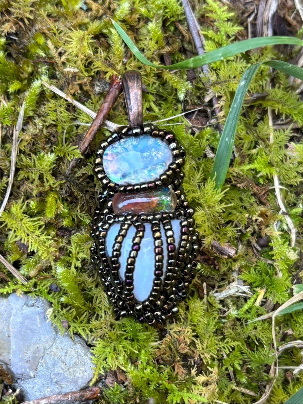 Handmade Artisan Bead Embroidered Triple Opal “Beetle” Pendant